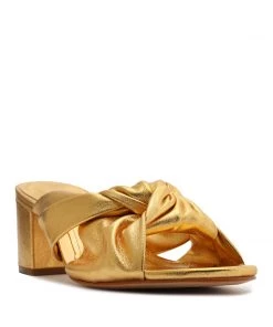 Sale Mindy Mid Block Metallic Leather Sandal